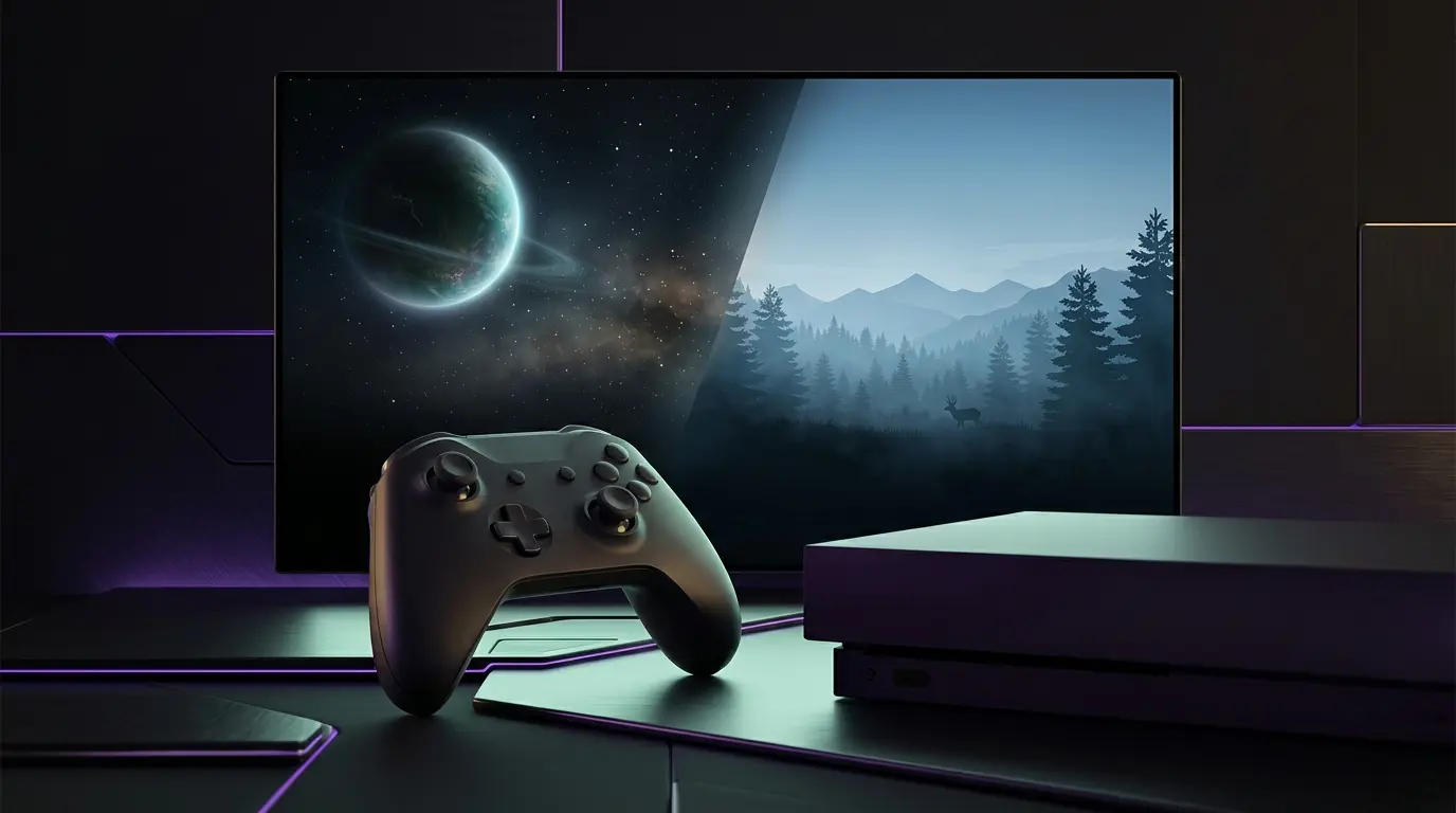 Gaming controller between a cosmic exploration scene and a misty wilderness, symbolizing two new Game Pass titles.