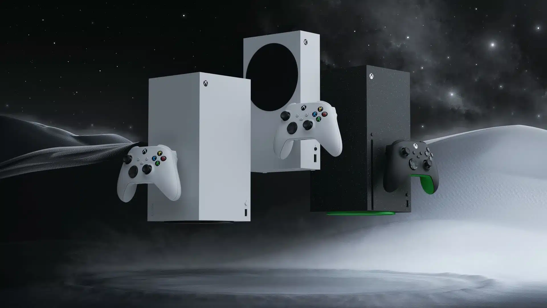 Verschiedene Xbox Series X und Series S Konsolen mit entsprechenden Controllern vor einem Weltraumhintergrund.