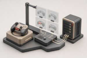 Stillleben: Controller auf einem Sockel neben schwebenden Prototyp-Panels, im House-Style der News-Rubrik