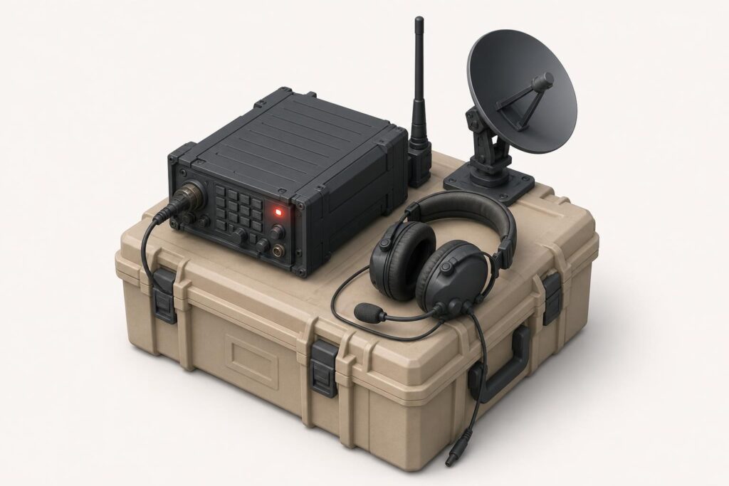 Isometrische 3D-Darstellung eines Militärfunksenders auf einer Kiste als Symbol für den Launch von Modern Warfare 4