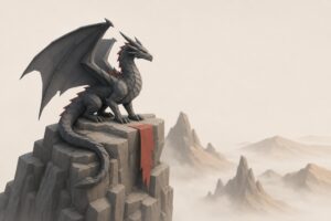 Stilisierter Drache über einem nebligen Tal, Illustration im markanten 3D-Look der Redaktion