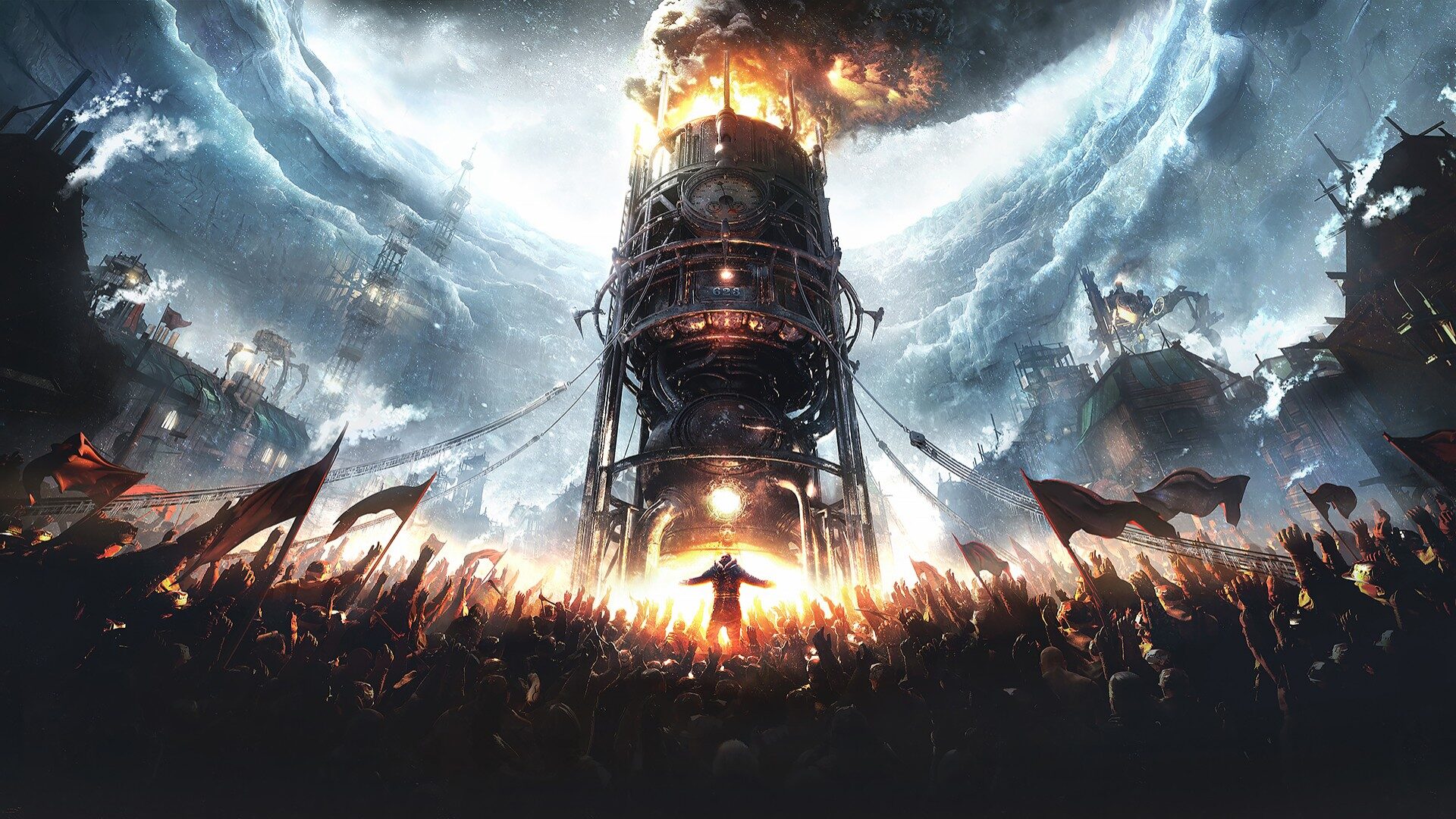 Frostpunk: offizieller Screenshot einer verschneiten Stadt im Survival-City-Builder von 11 bit studios
